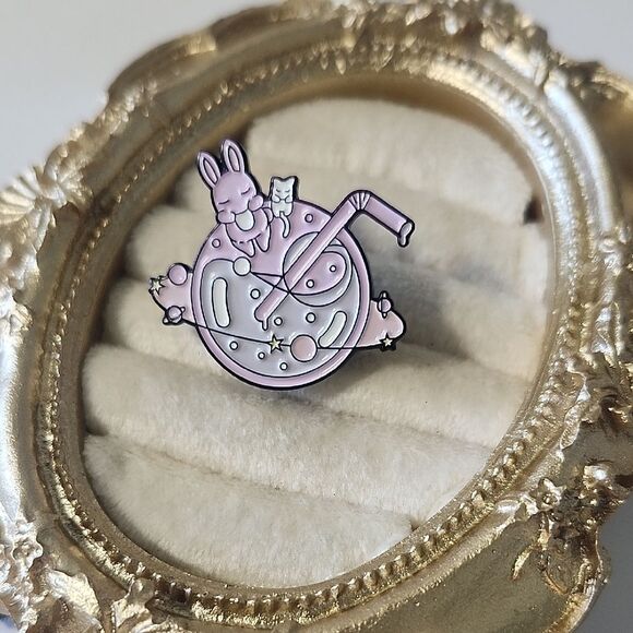 Cute Pink Enamel Pin with Bunny and Cat - Picture 2 of 3